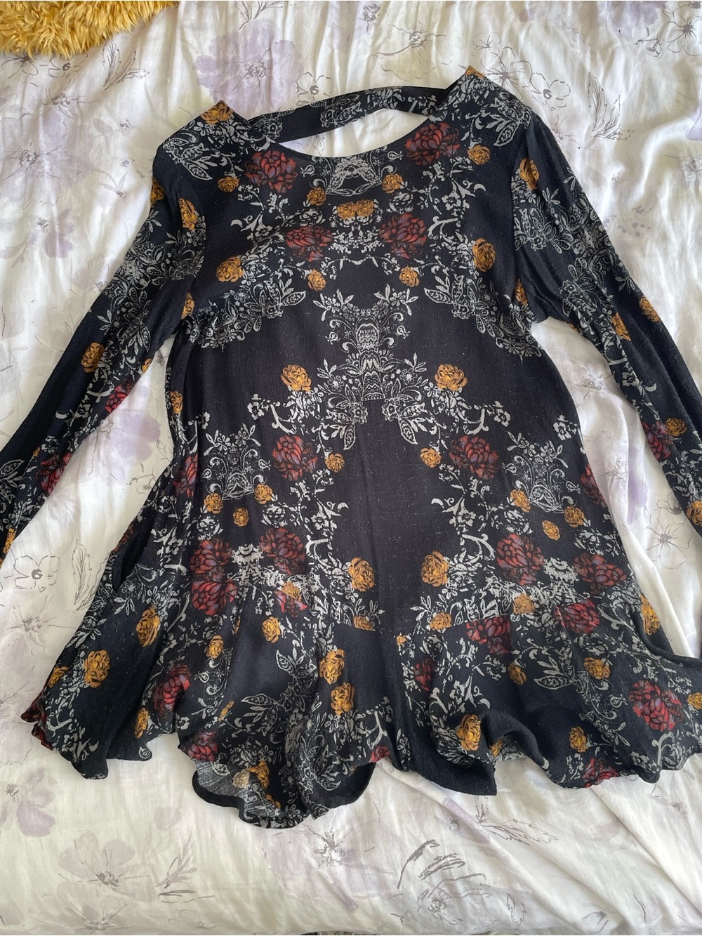 Free People Black Floral Long-Sleeve Swing Dress